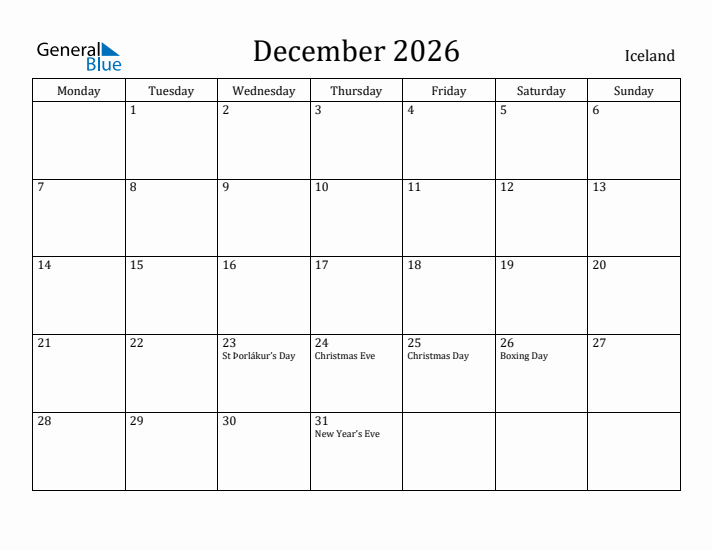 Printable December 2026 Monthly Calendar With Holidays For Iceland