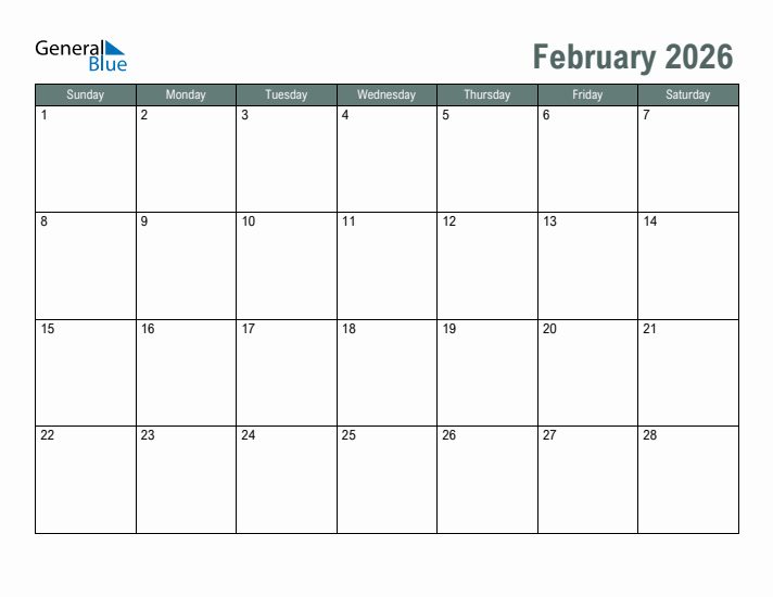 Printable February 2026 Calendar