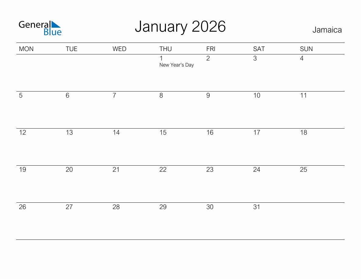Printable January 2026 Monthly Calendar With Holidays For Jamaica