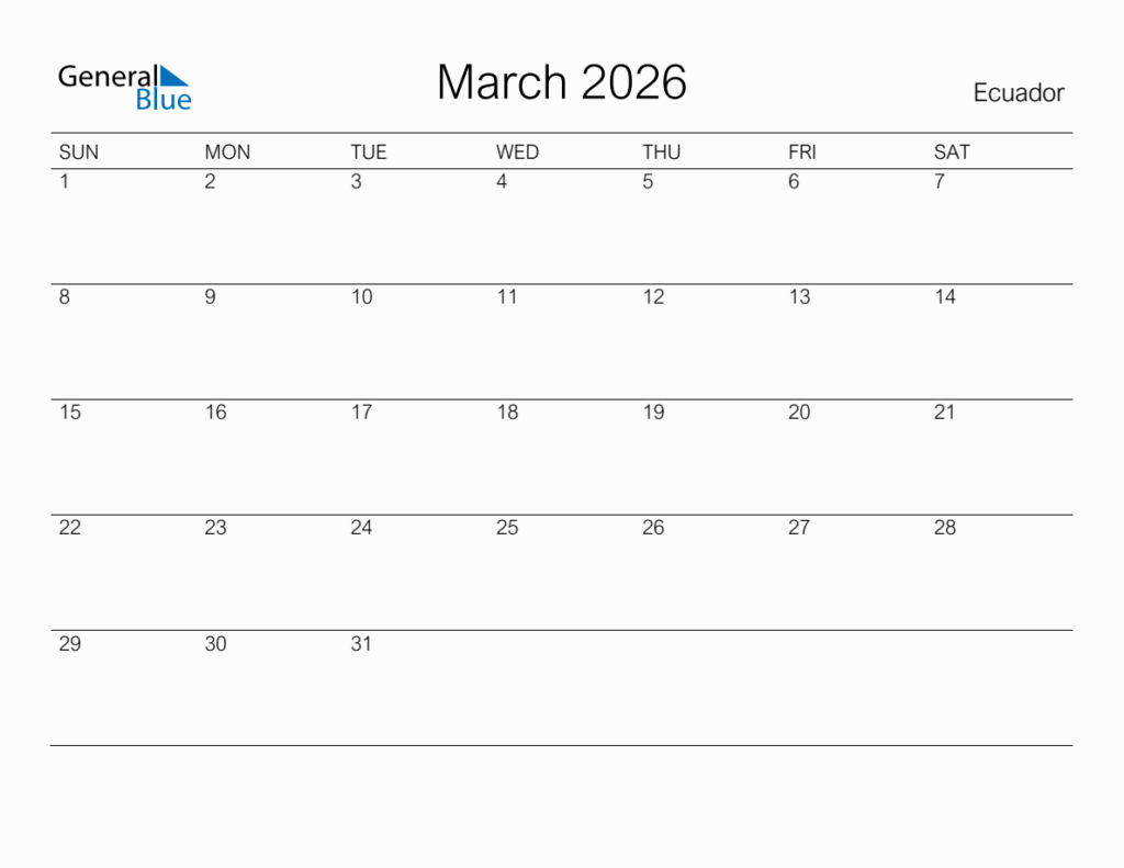 Printable March 2026 Monthly Calendar With Holidays For Ecuador
