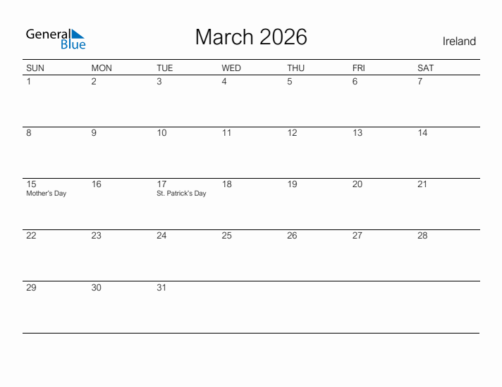 Printable March 2026 Monthly Calendar With Holidays For Ireland