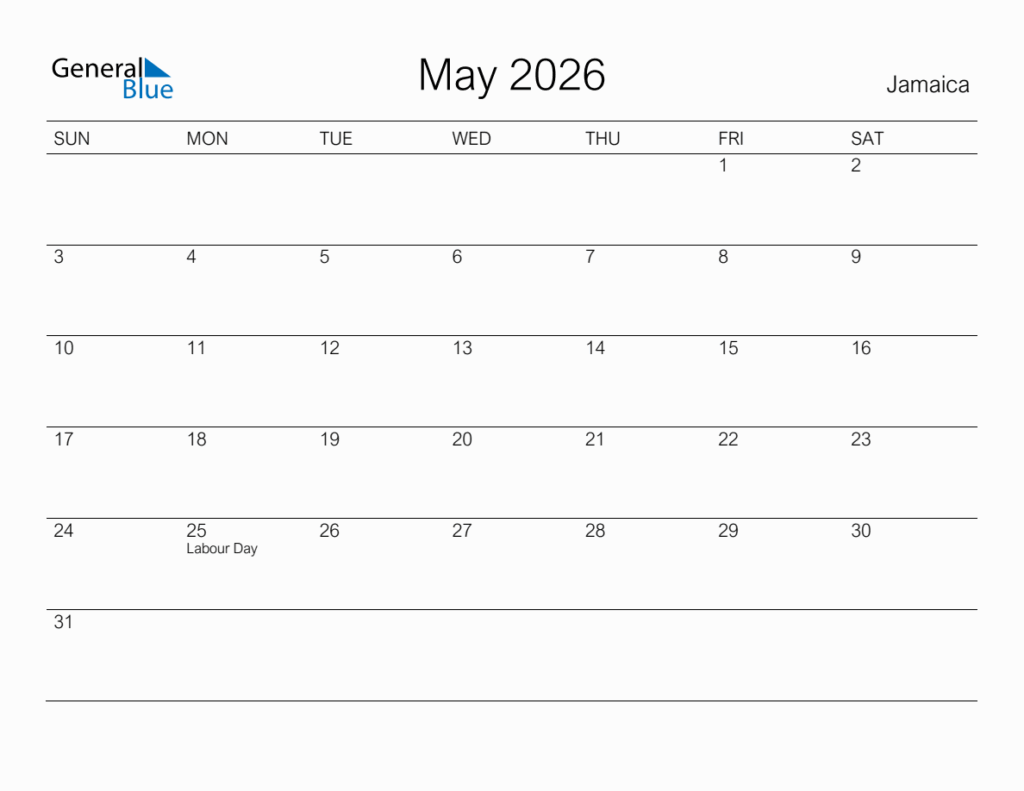 Printable May 2026 Monthly Calendar With Holidays For Jamaica