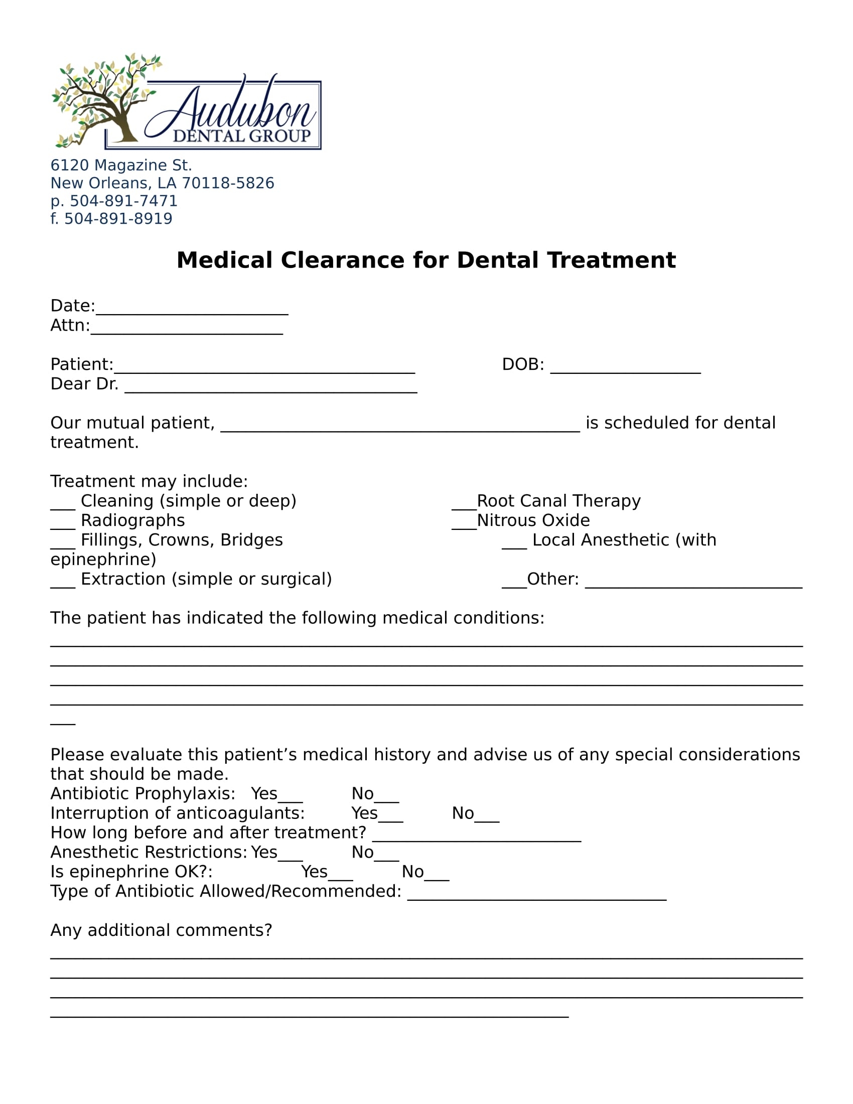 Printable Medical Clearance Form For Dental Treatment
