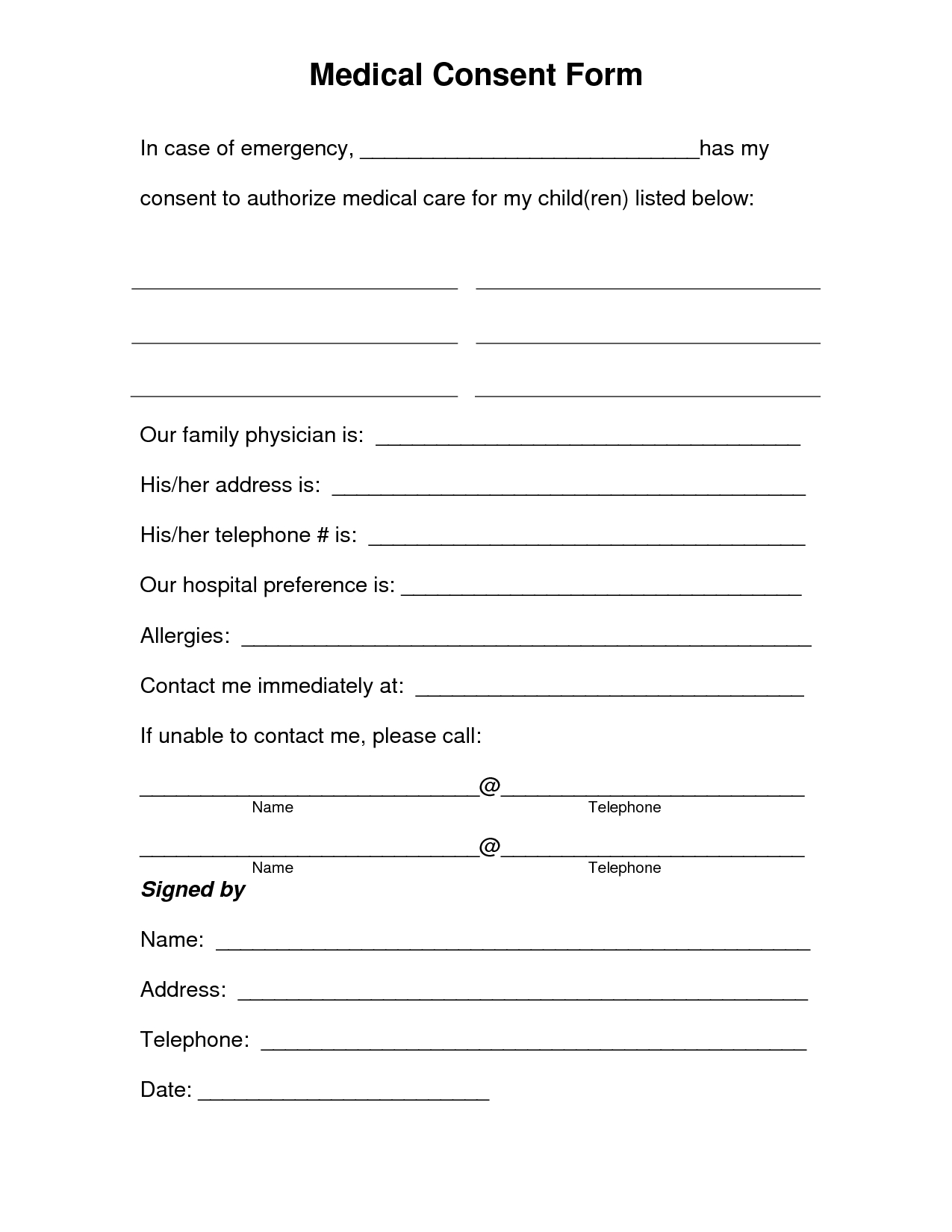 Printable Medical Consent Form For Minor Printable Medical Consent Form For Minor