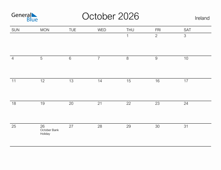 Printable October 2026 Monthly Calendar With Holidays For Ireland