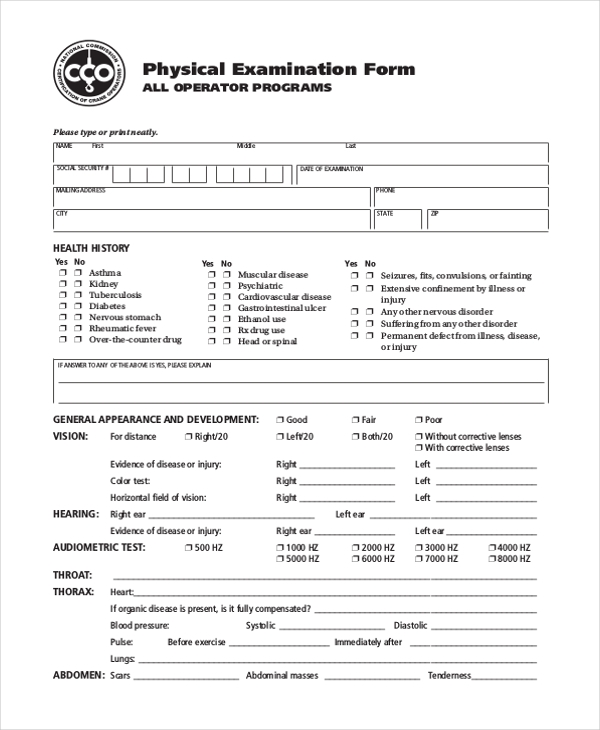 Printable Physical Examination Form Printable Forms Free Online