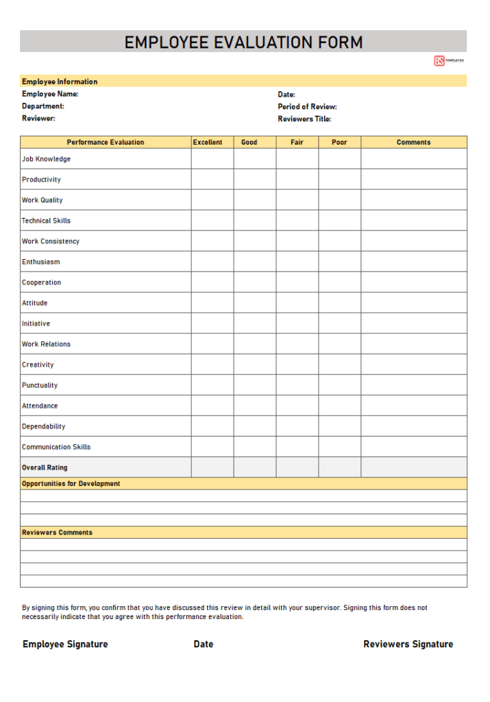 Printable Simple Employee Evaluation Form Printable Forms Free Online