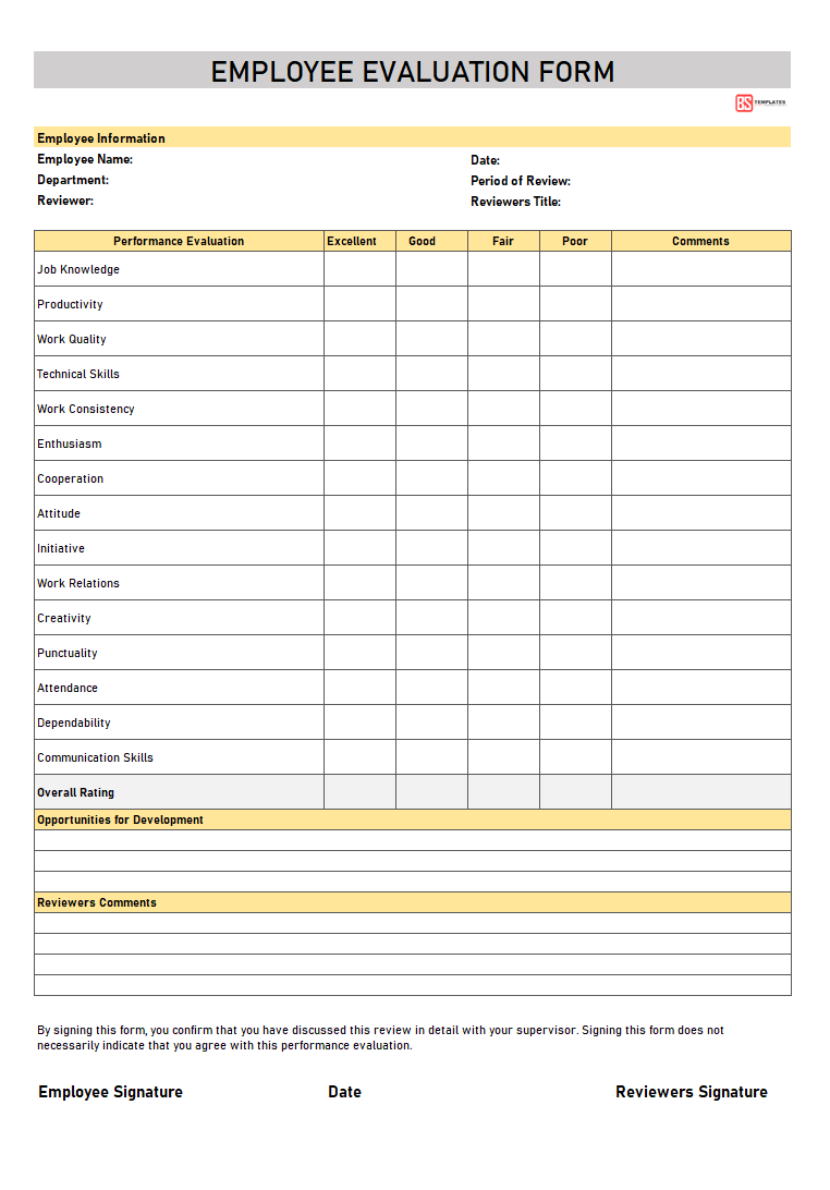 Printable Simple Employee Evaluation Form Printable Forms Free Online