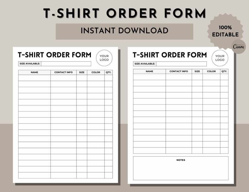 Printable Tshirt Order Form Template Editable Order Form Customizable T