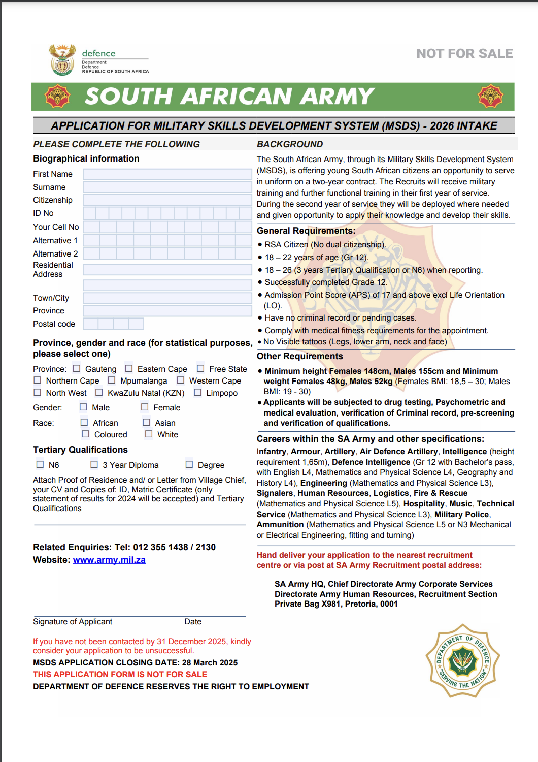 SA ARMY APPLICATION FORMS FOR 2026 Mycareers co za