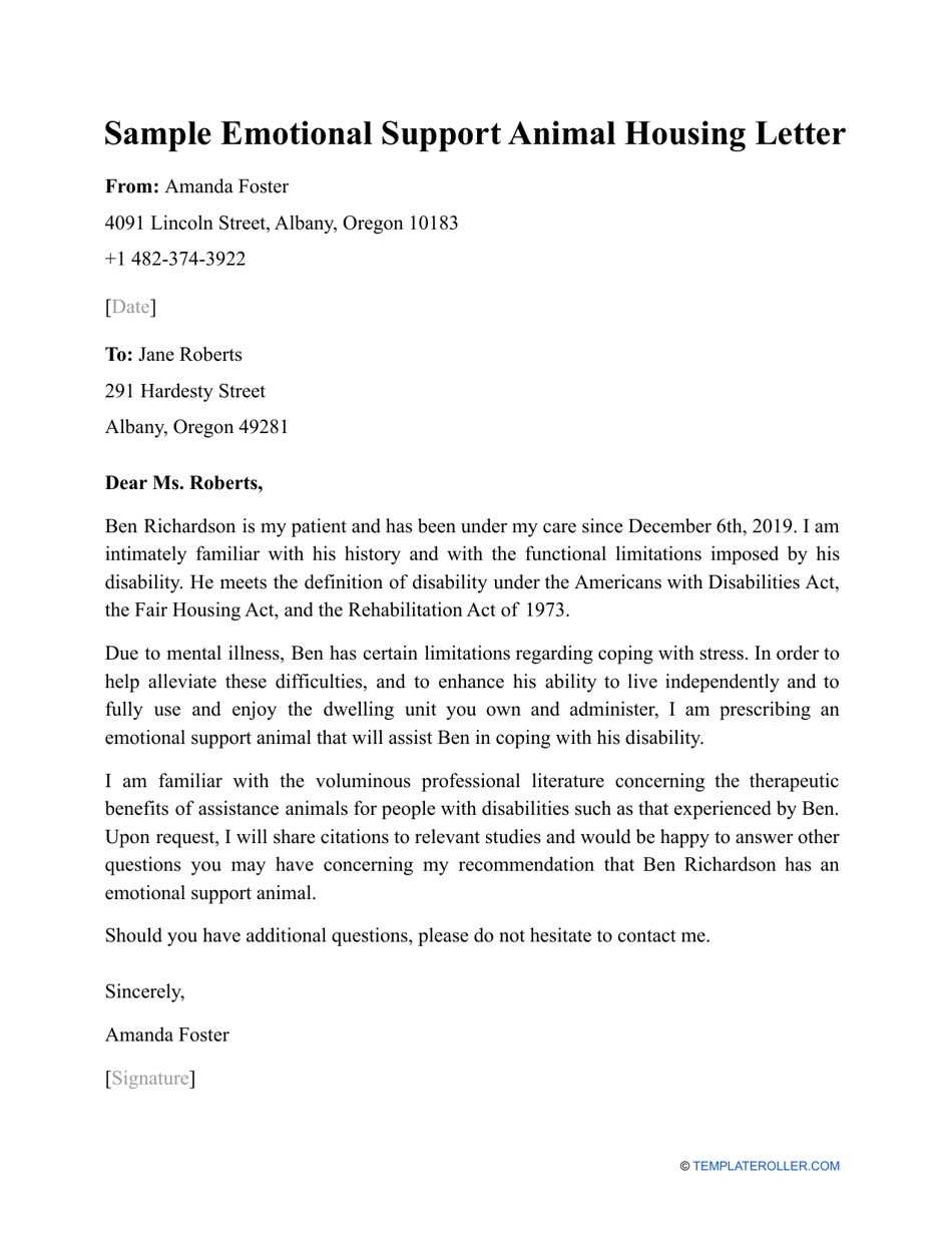 Sample Printable Free Emotional Support Animal Letter Pdf Printable 