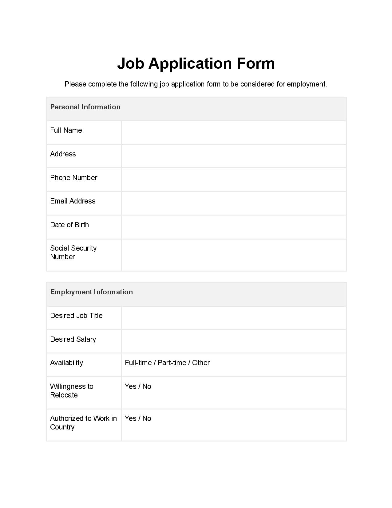 Sample Printable Job Application Forms Printable Forms Free Online