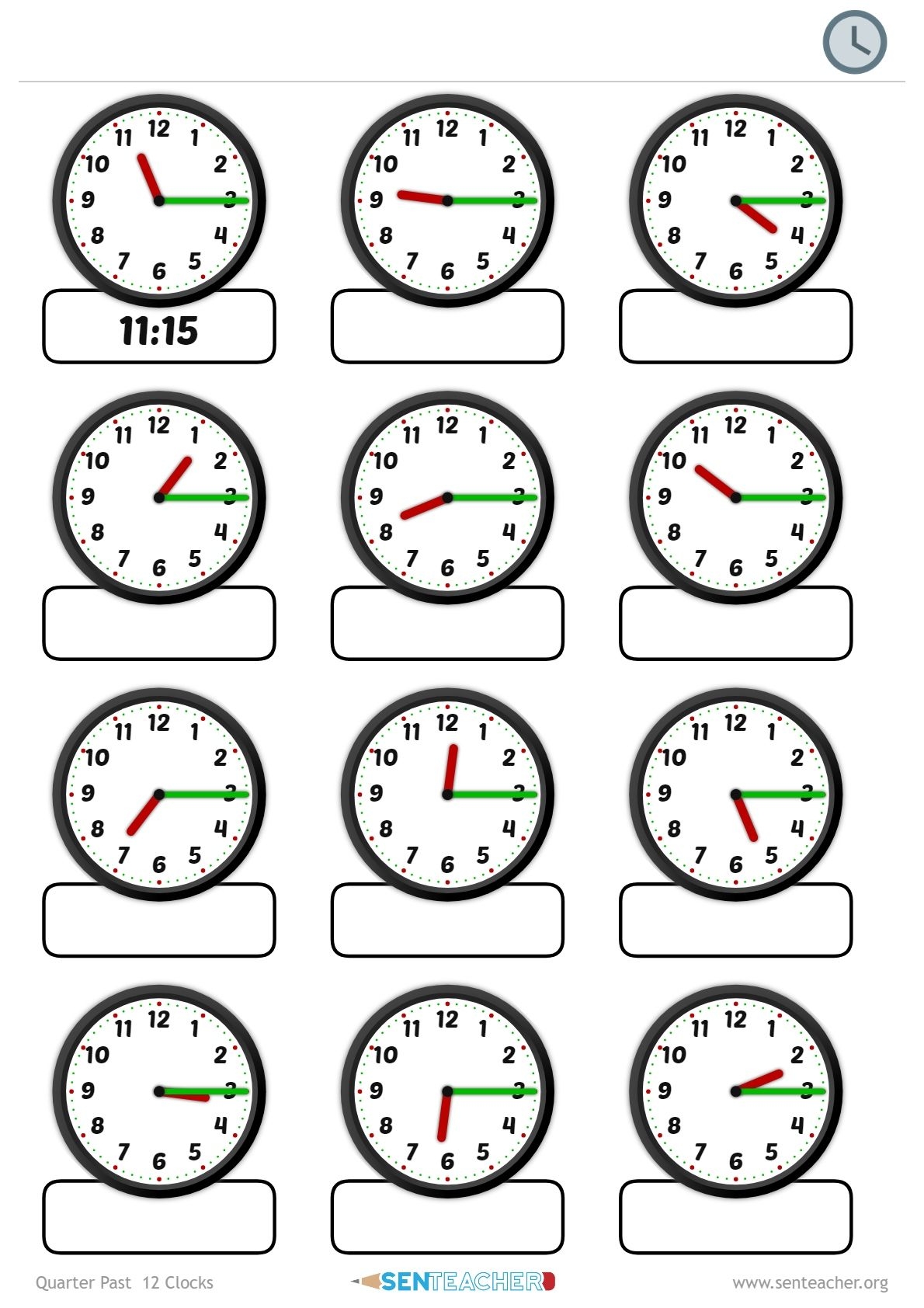 SEN Teacher Clocks Telling Time Printable Worksheet