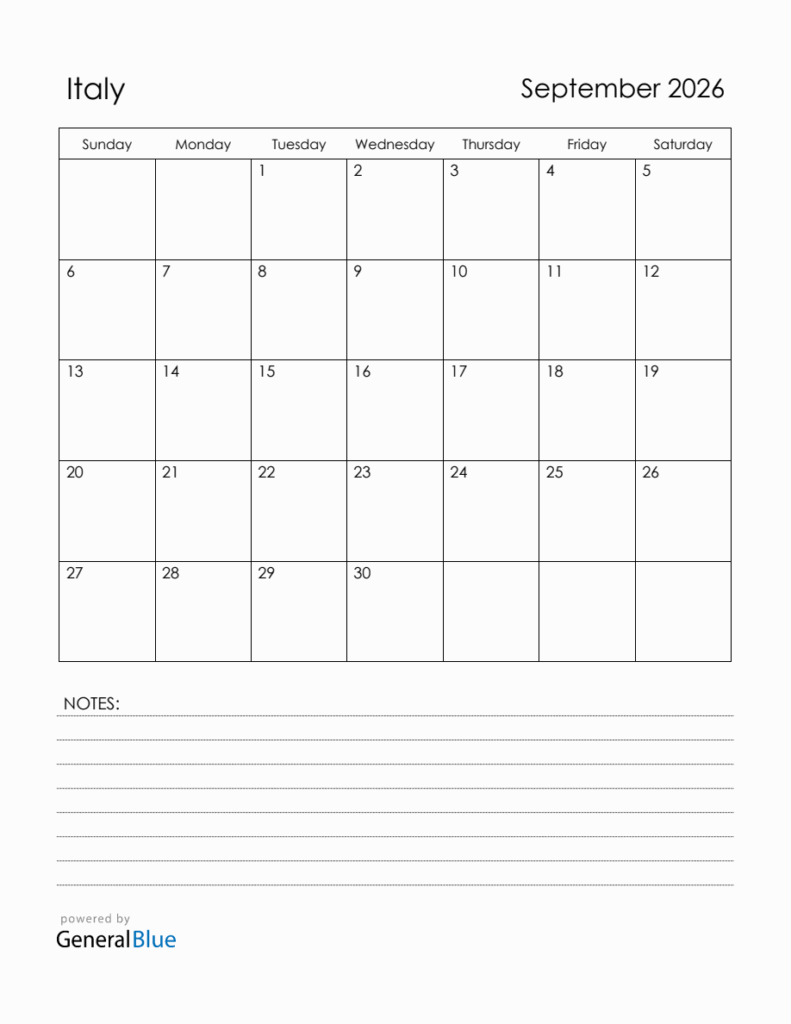 September 2026 Italy Calendar With Holidays