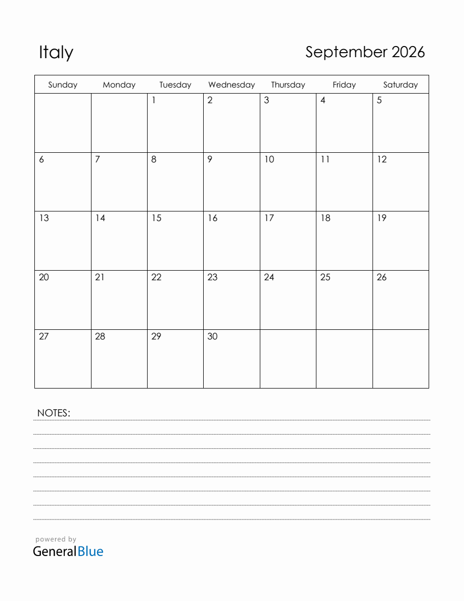 September 2026 Italy Calendar With Holidays