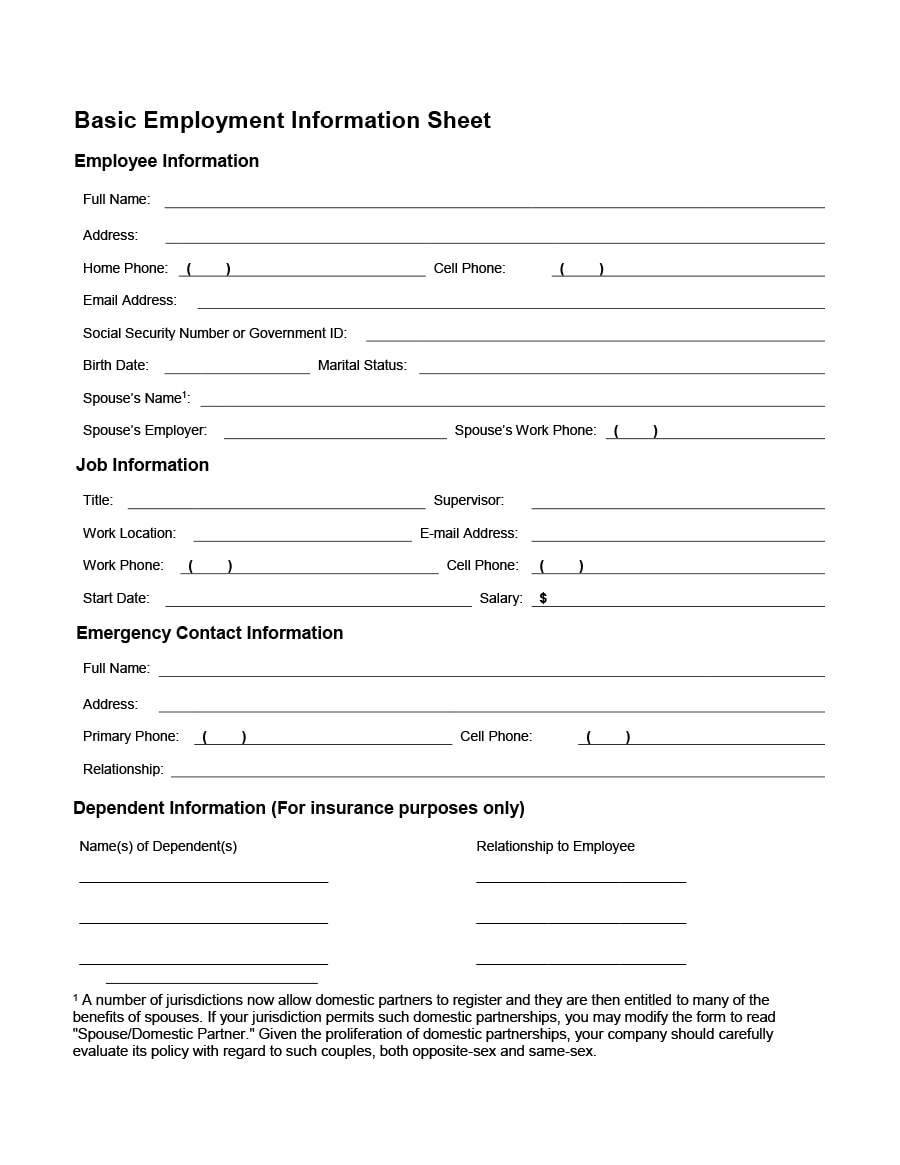 Simple Printable Employee Information Form