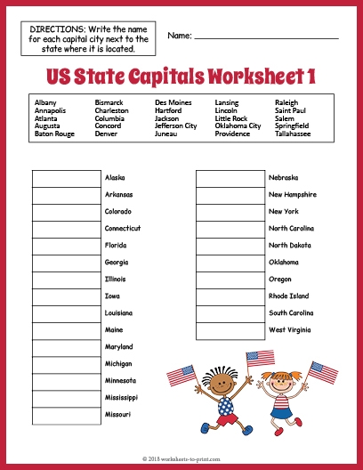 States And Capitals Worksheet Printable