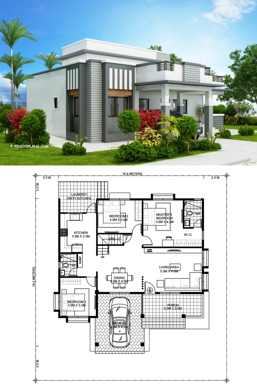 This Four Bedroom Modern House Design With Roof Deck Has A Total Floor 