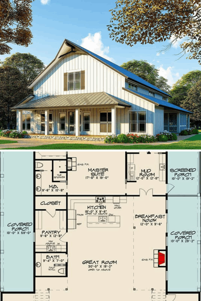 Two Story 3 Bedroom Barndominium Inspired Country Home Floor Plan