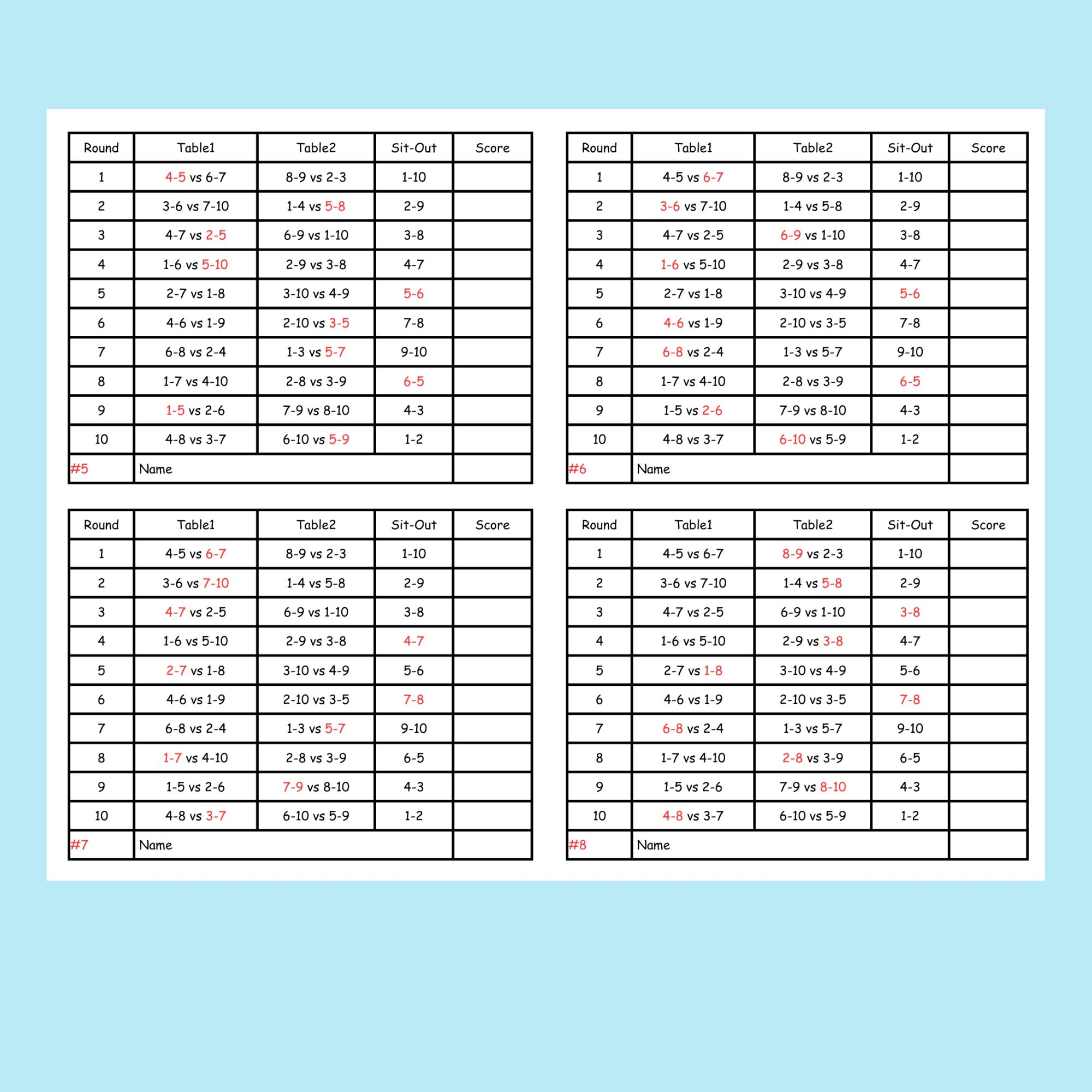 10 Person Euchre Tournament Rotation Score Card 10 Person Euchre Tournament Rotation Score Card