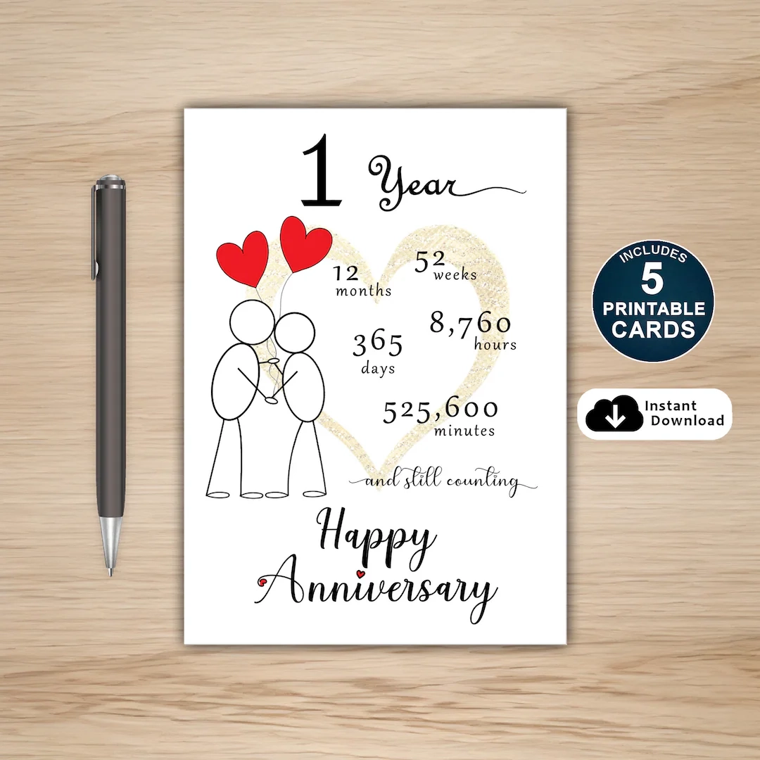 1st Anniversary Card Printable 5 PDF Cards 5x7 5 5x8 5 4 25x5 5 5x5 4 5x6 25 Etsy