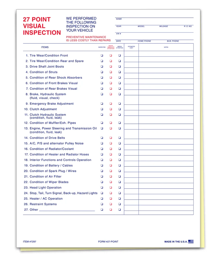 27 Point Vehicle Inspection Form 2 Part LotDrop