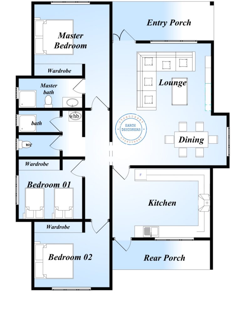 3 Bedroom Bungalow plan With Measurement