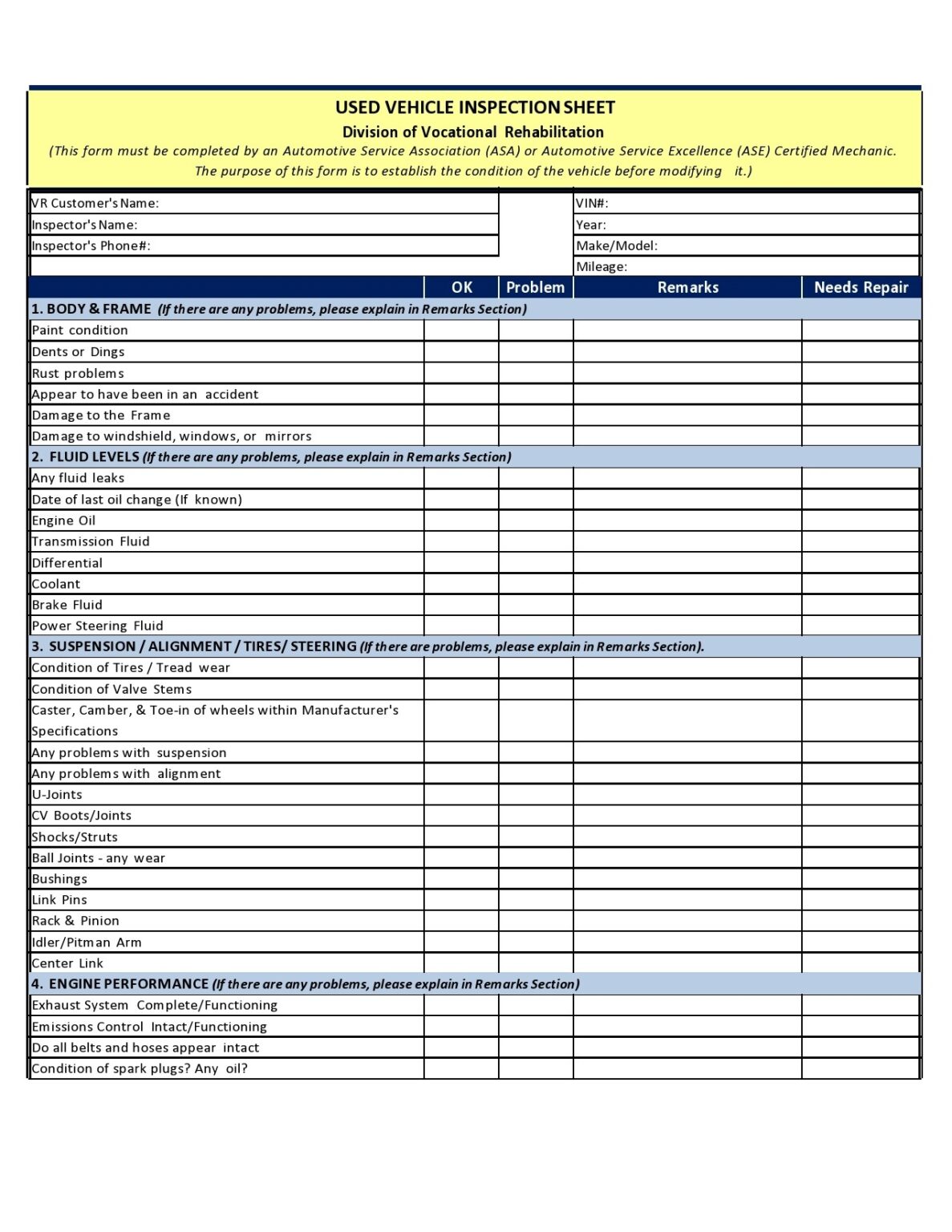 Free Printable Vehicle Inspection Form Pdf - We Love Printables