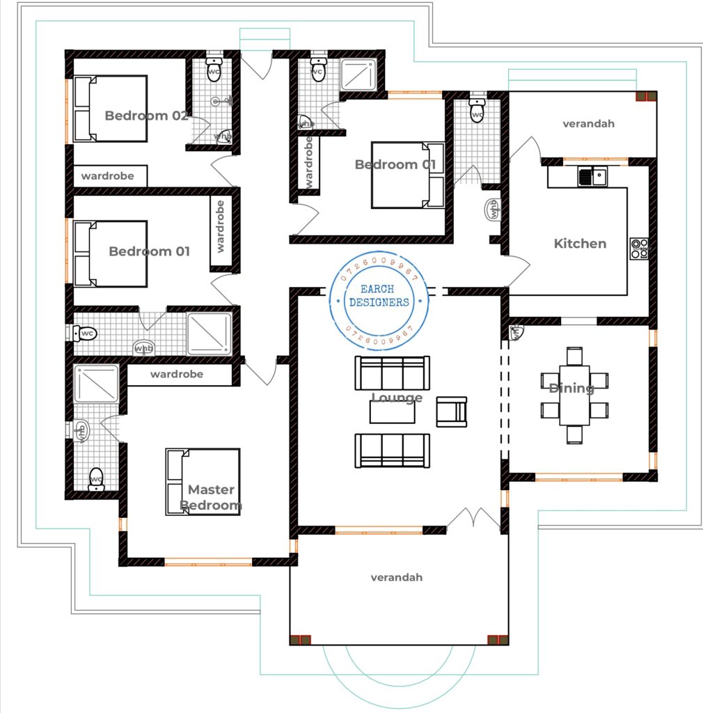 4 Bedroom Bungalow plan With Measurement