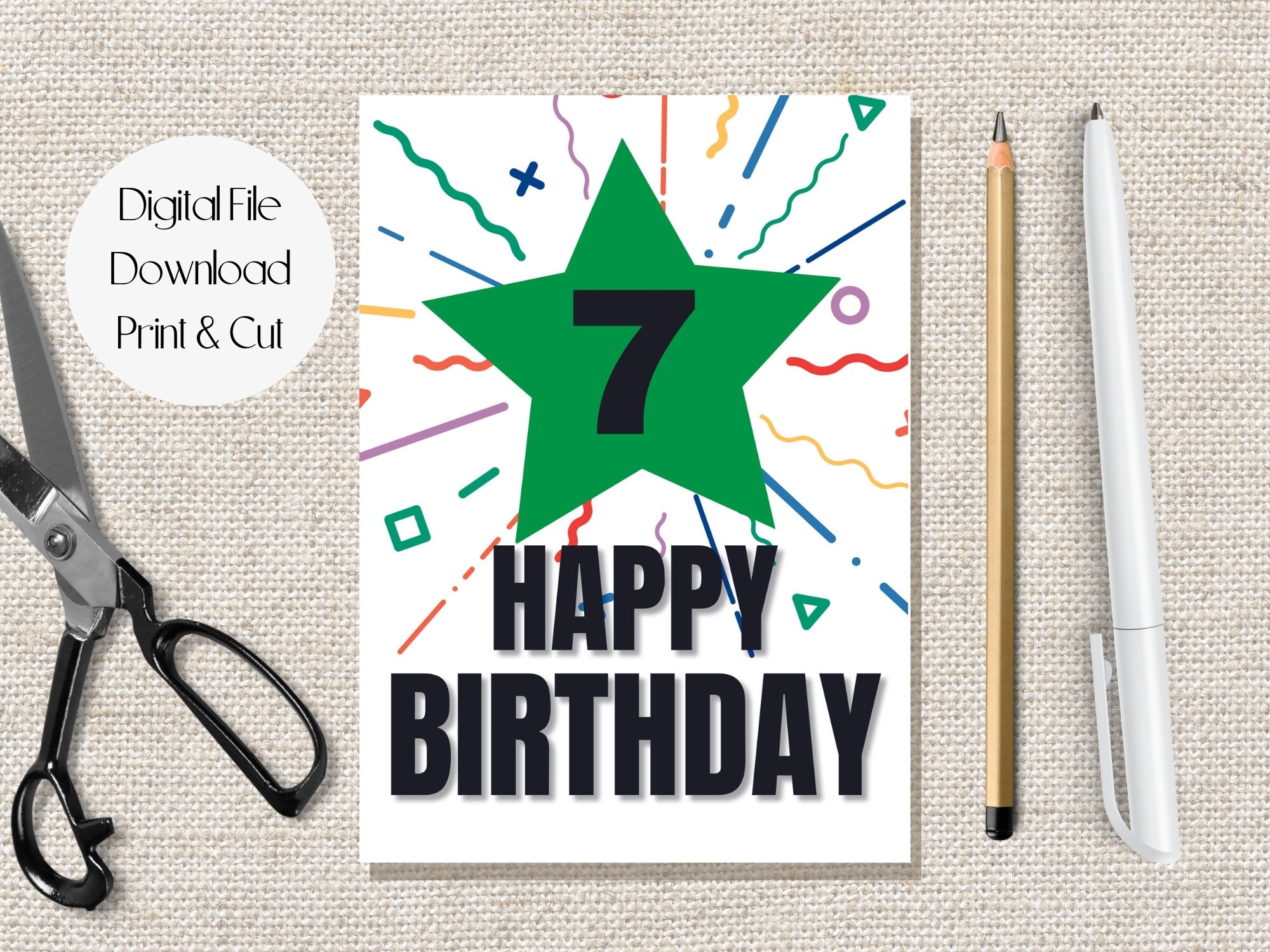 7th Birthday Card Printable Happy Birthday Wish digital Download 5x7 Template Etsy