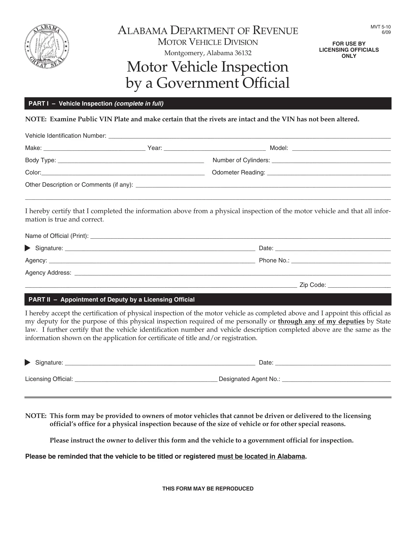 Alabama Vin Inspection Form Fill Out Printable PDF Forms