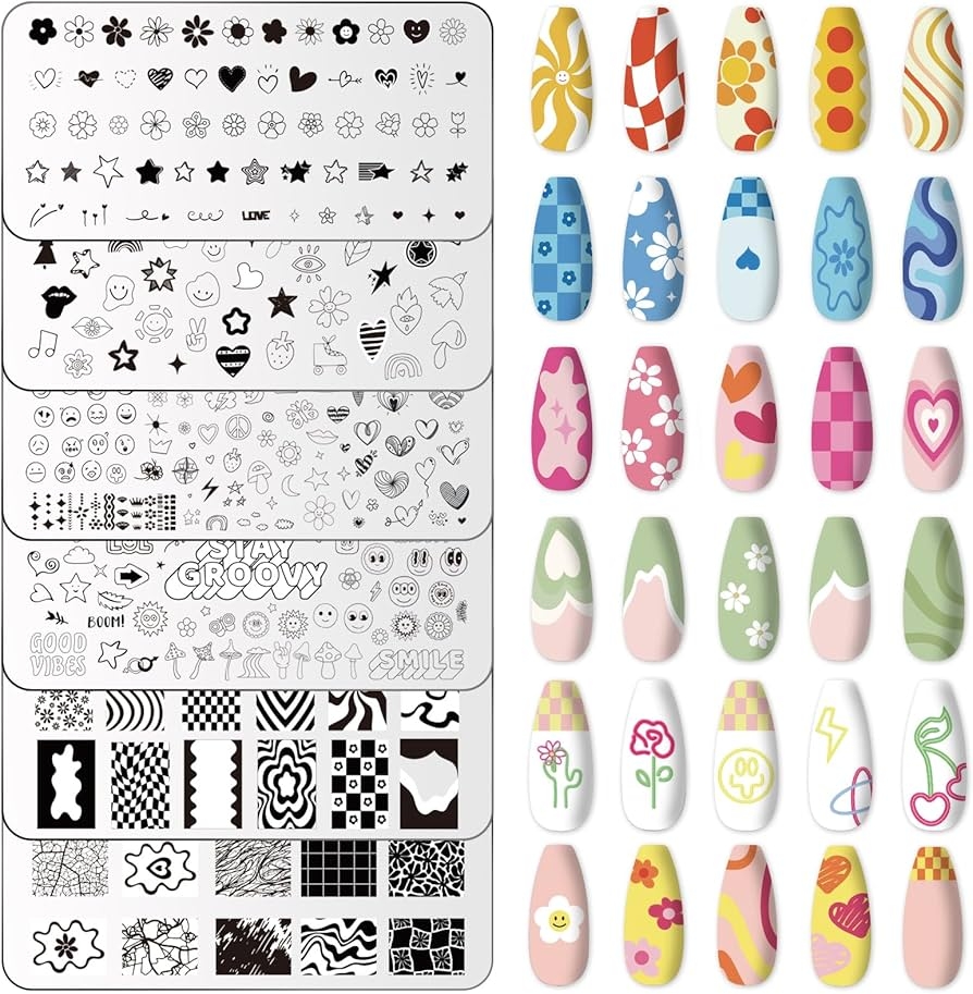 Amazon Whaline 6Pcs Preppy Nail Plates Stamping Set Heart Flower Butterfly Star Smiling Stamp Templates Groovy Nail Art Plates For DIY Print Manicure Salon Design Gift Beauty Personal Care