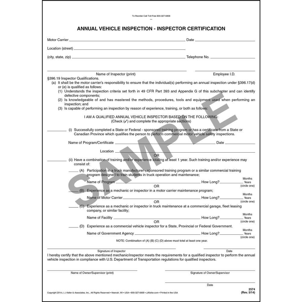 Annual Vehicle Inspection Inspector Certification Form Qty 50 Units American Pride
