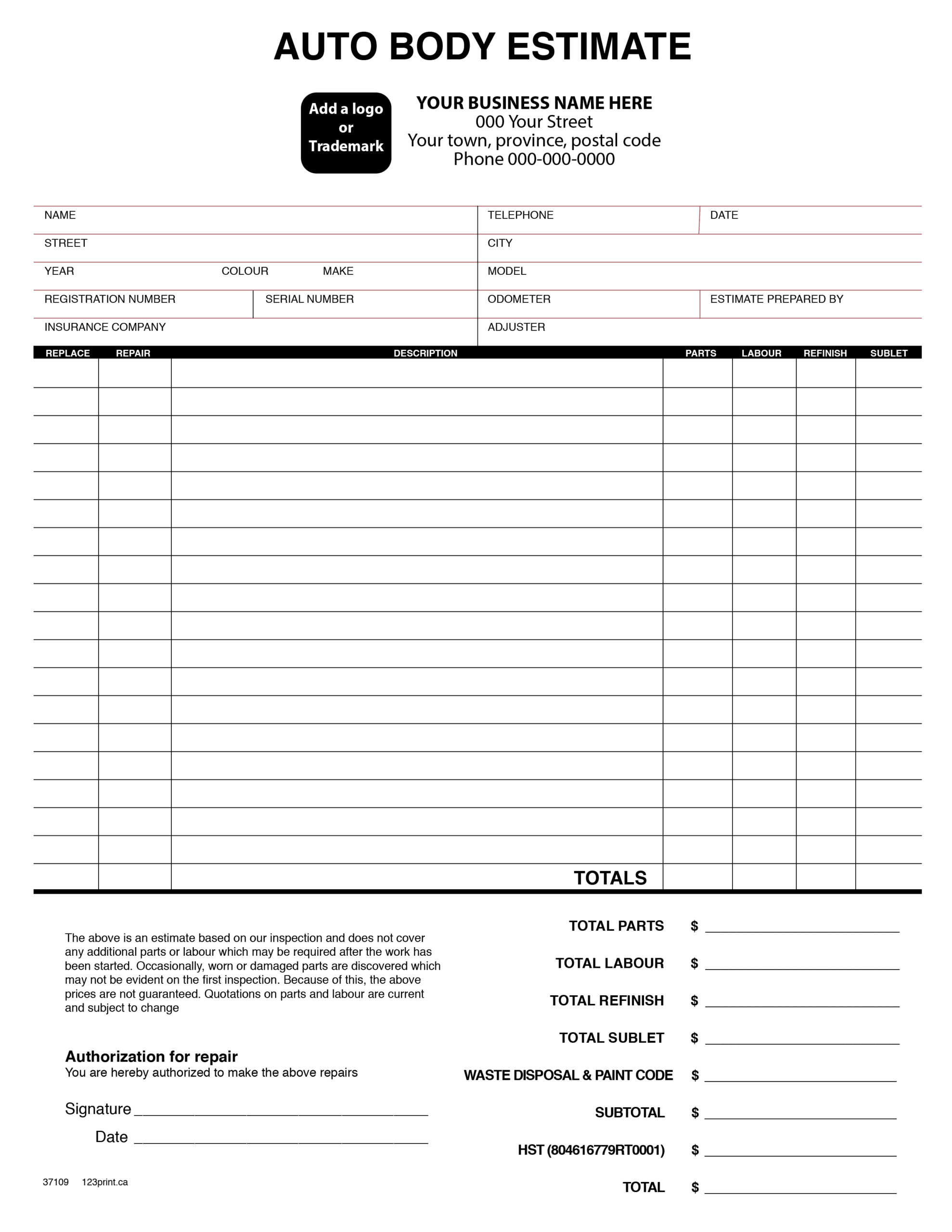 AUTO BODY ESTIMATE 37109 Designed To Organize The Details Proven Layout Adequate Room For Entries 123print ca