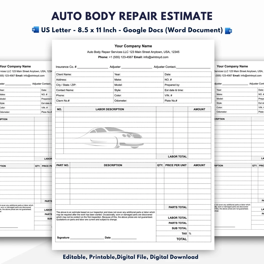 Auto Body Repair Estimate Template Google Docs word Document Etsy