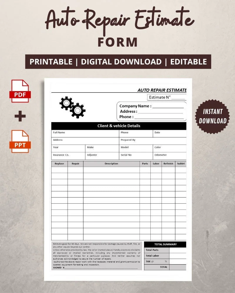 Auto Repair Estimate Form Printable Mechanic Work Order PDF PPT Etsy