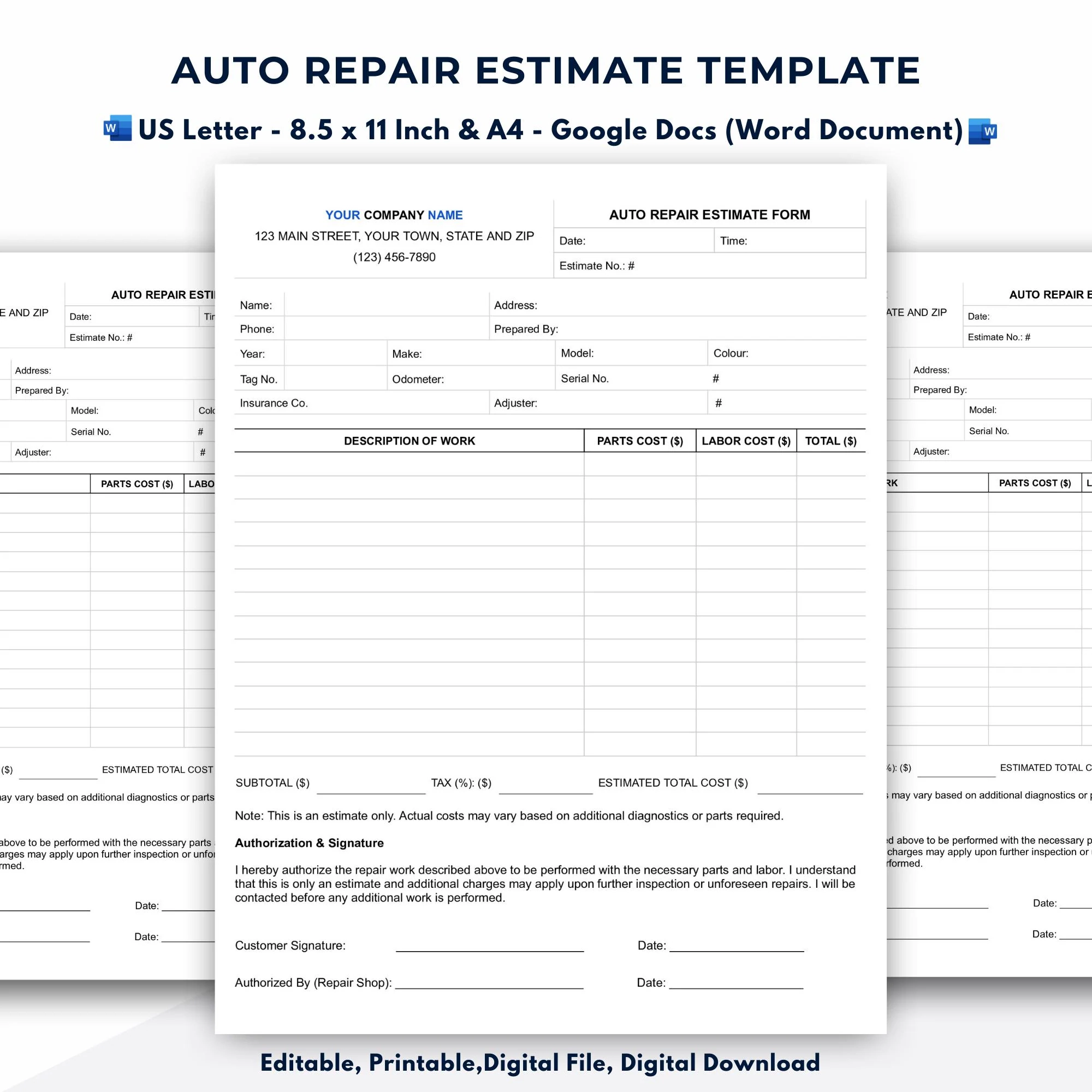 Auto Repair Estimate Form Template Google Docs word Document Etsy