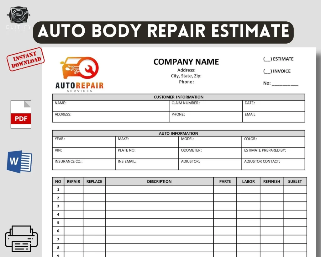 Auto Repair Estimate Template Editable Word And Printable PDF Instant Download Etsy