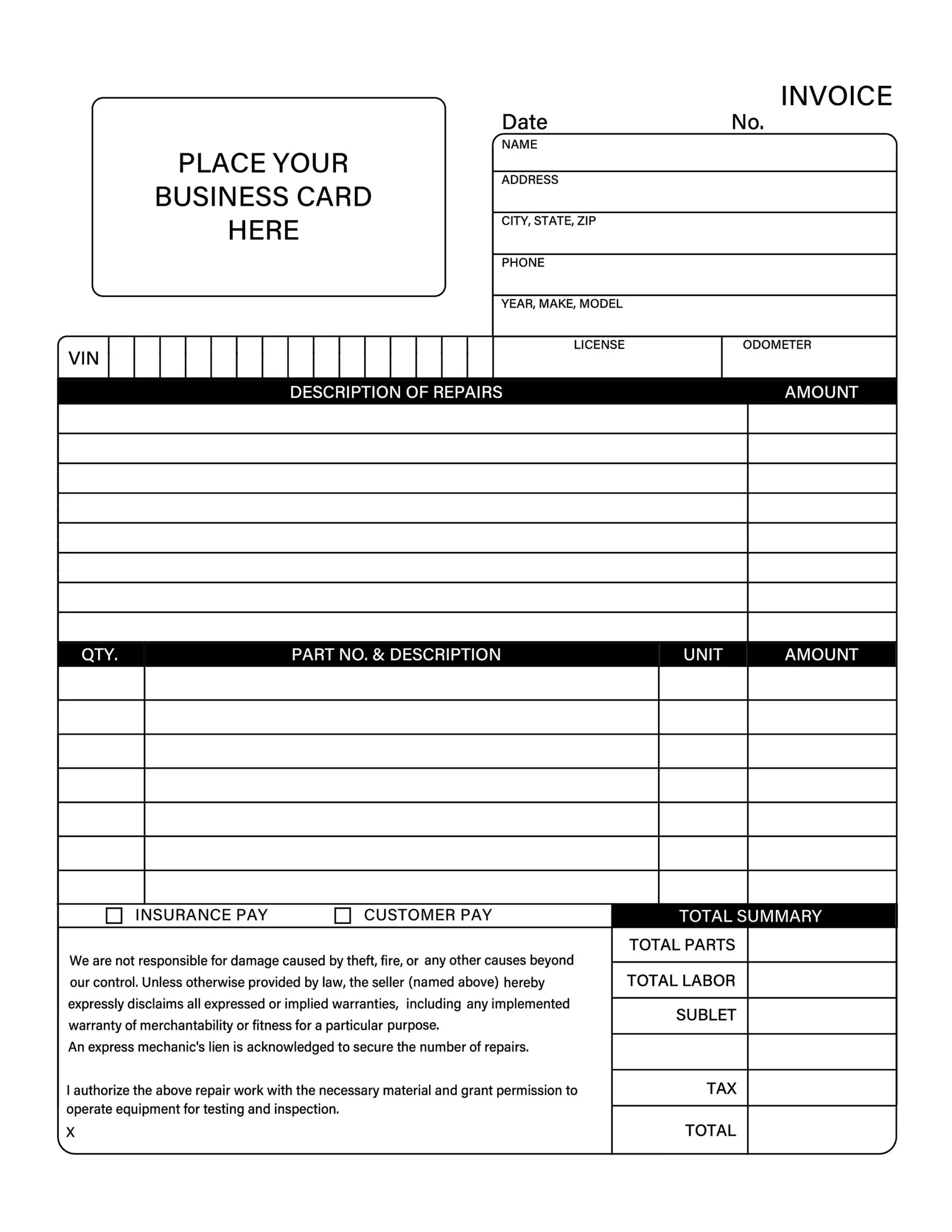 Auto Repair Shop Invoice Form Template PDF Etsy