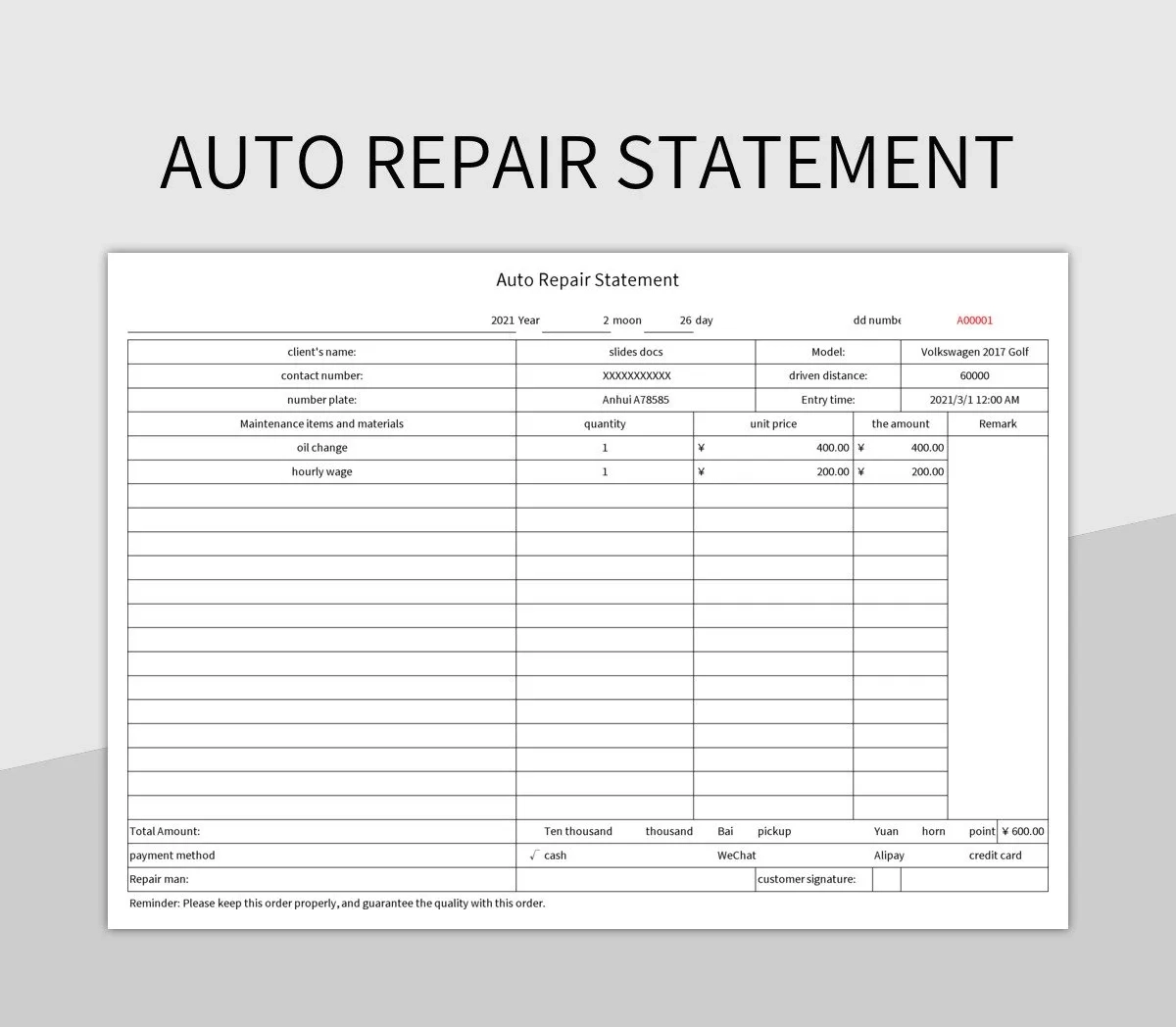 Auto Repair Statement Excel Template And Google Sheets File For Free Download Slidesdocs