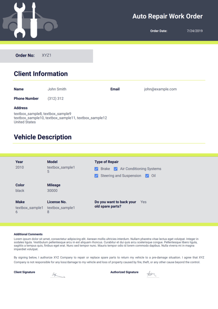 Auto Repair Work Order PDF Template Jotform