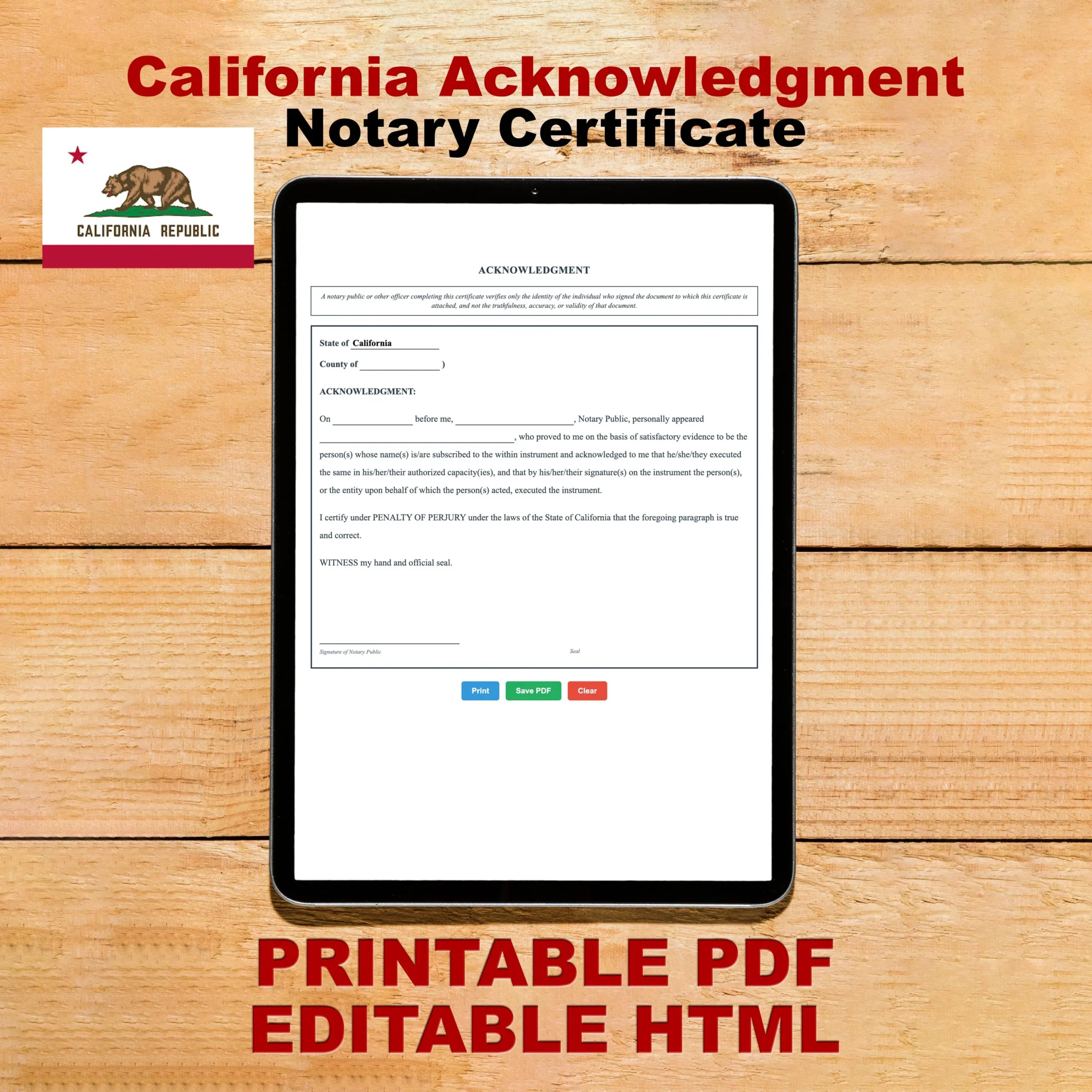 California Acknowledgment Notary Form Fillable Etsy