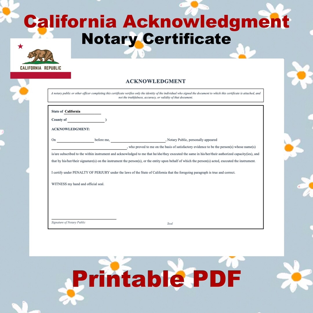 California Notary Acknowledgement Form Etsy Israel