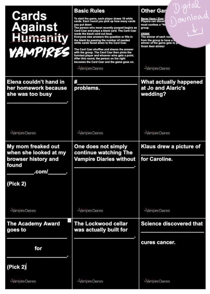 Cards Against Vampires TVD Printable Game digital Download Etsy