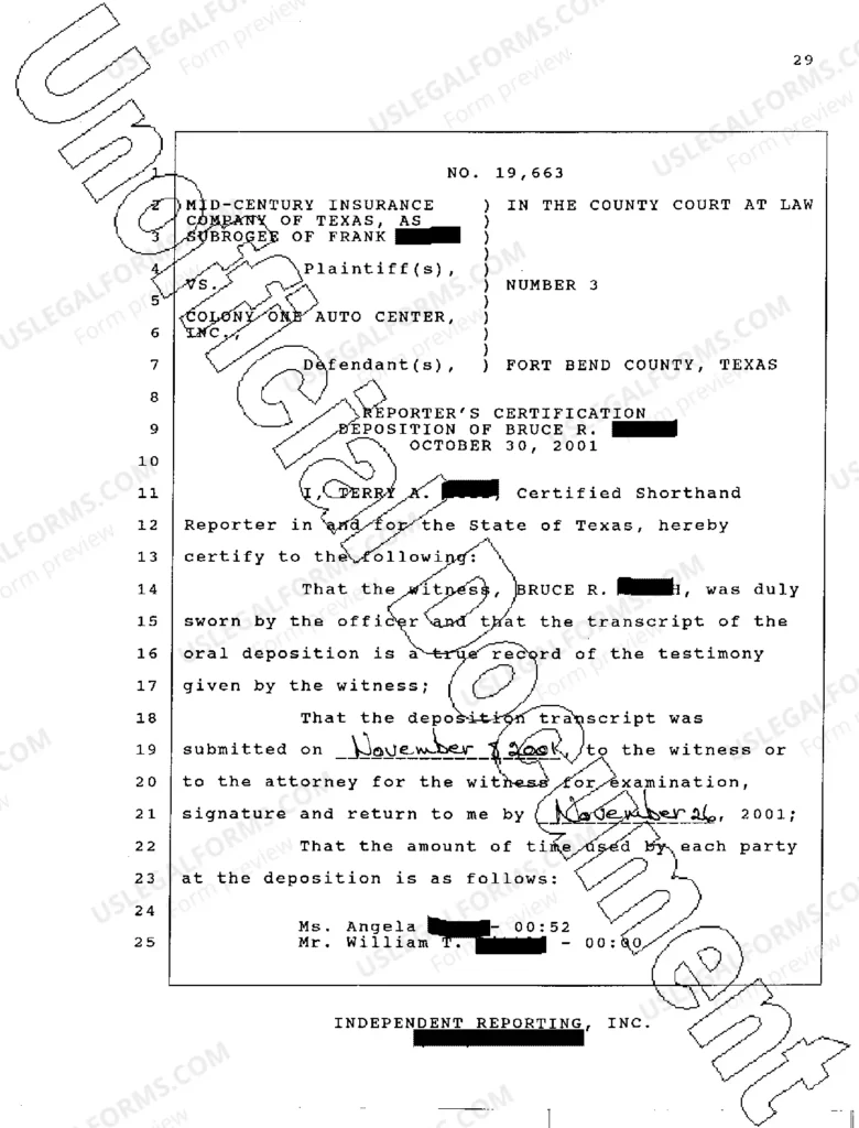 Certificate Of Deposition Texas Por Abojados Form US Legal Forms