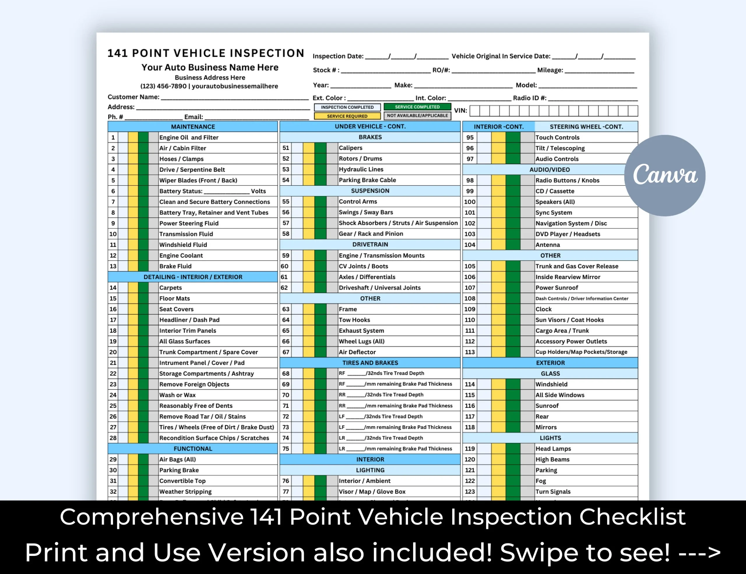 Comprehensive Vehicle Inspection Checklist 141 Point Vehicle Inspection Editable Template For Auto Mechanics Service Department Forms Etsy
