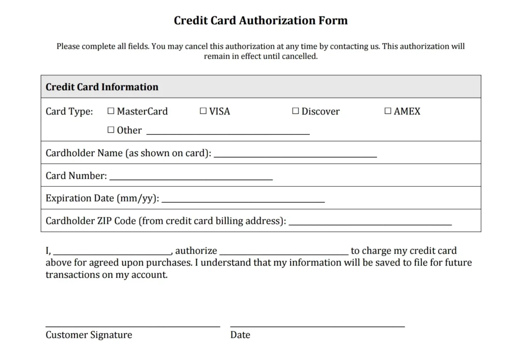 Credit Card Authorization Form Templates PDF Square