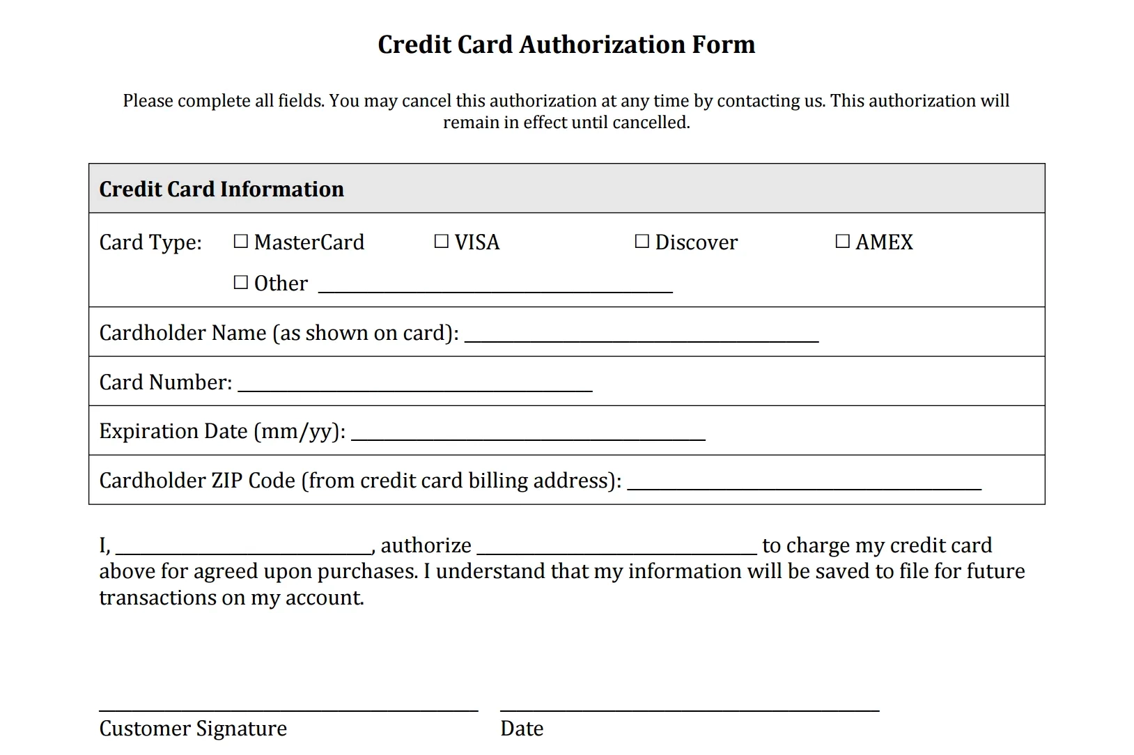 Credit Card Authorization Form Templates PDF Square
