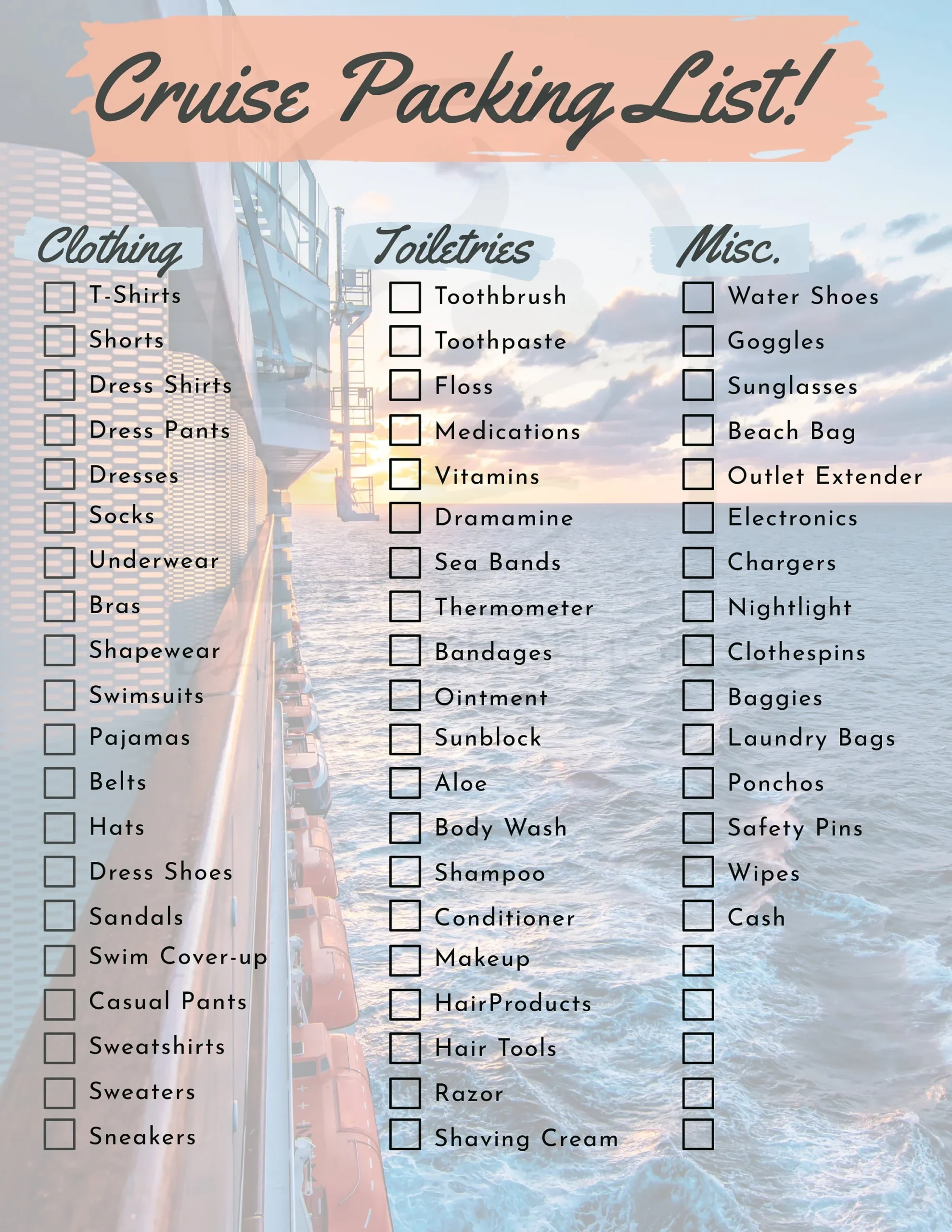 Digital Download Cruise Packing List Printable PDF Letter Size Etsy UK