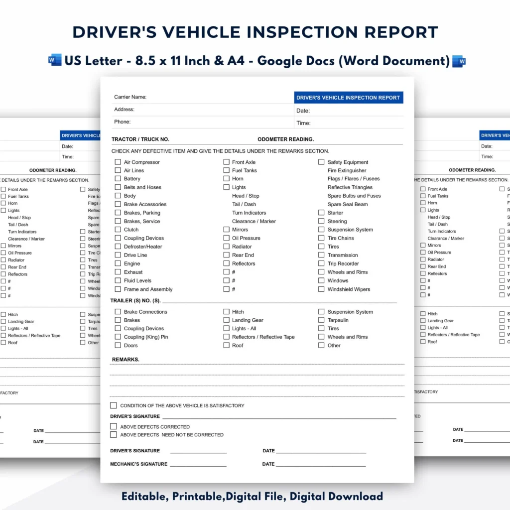 Driver s Vehicle Inspection Report Template Detailed Driver Forms Google Docs word Document Etsy Denmark